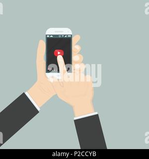 Hand holding smartphone with video player for website on the screen.Mobile applications isolated background.Mobile video player icon.Internet search e Stock Vector