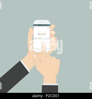 Hand holding smartphone and search browser window on the screen isolated on the background.Browser search.Internet search engine browser window.Flat v Stock Vector