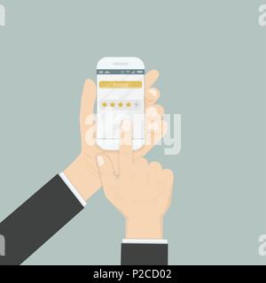 Hand holding smartphone with rating or raking concept on the screen.5 Stars rating or raking concept.Rating or raking golden stars.Mobile applications Stock Vector