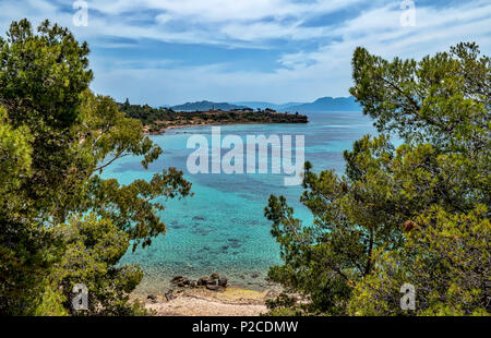 Aegina Island Coast - View towards Kolona Beach and Ancient Aegina Stock Photo