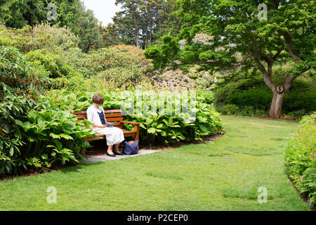 A middle aged woman sitting reading in a quiet  garden, Royal Botanic garden, Edinburgh, Scotland UK Stock Photo