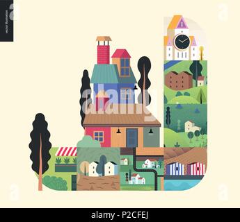 Simple things - houses - flat cartoon vector illustration of colourful countryside house, isolated building, tower, striped portuguese houses, farmlan Stock Vector