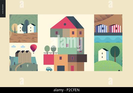 Simple things - houses - flat cartoon vector illustration of colourful countryside house, isolated building, tower, striped portuguese houses, farmlan Stock Vector