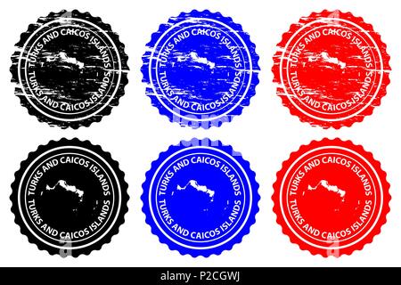 Turks and Caicos Islands - rubber stamp - vector, Turks and Caicos Islands map pattern - sticker - black, blue and red Stock Vector