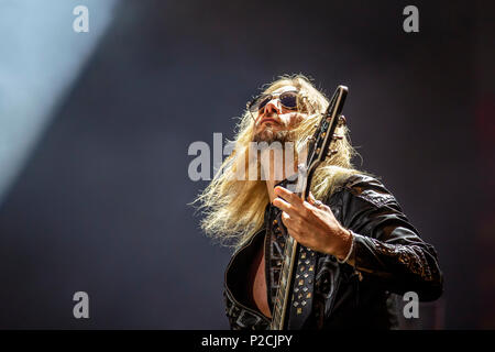 Sweden, Solvesborg - June 09, 2018. The English heavy metal band Judas Priest performs a live concert during the Swedish music festival Sweden Rock Festival 2018. Here guitarist Richie Faulkner is seen live on stage. (Photo credit: Gonzales Photo - Terje Dokken). Stock Photo
