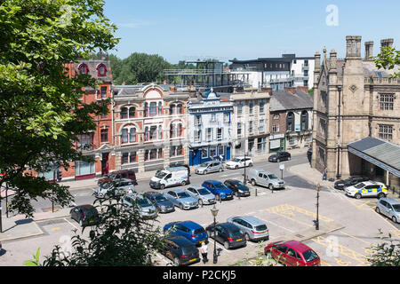 Looking down on the car park at Shrewsbury Railway Station in Castle Foregate, Shrewsbury Stock Photo