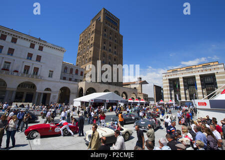 View of the starting grid, Mille Miglia 2014, 1000 Miglia, Oldtimer, motor race, rallye, Piazza della Vittoria, Brescia, Lombard Stock Photo