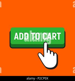 Hand Mouse Cursor Clicks the Add to Cart Button. Pointer Push Press Button Concept. Stock Vector