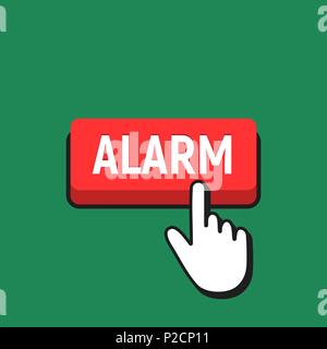 Hand Mouse Cursor Clicks the Alarm Button. Pointer Push Press Button Concept. Stock Vector