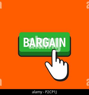 Hand Mouse Cursor Clicks the Bargain Button. Pointer Push Press Button Concept. Stock Vector