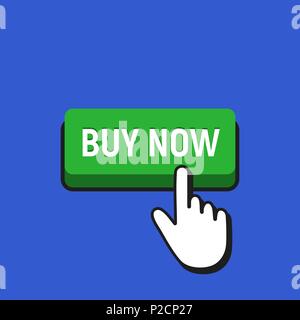 Hand Mouse Cursor Clicks the Buy Now Button. Pointer Push Press Button Concept. Stock Vector