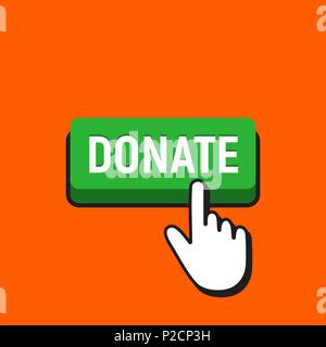 Hand Mouse Cursor Clicks the Donate Button. Pointer Push Press Button Concept. Stock Vector