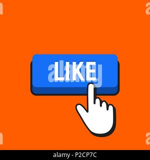 Hand Mouse Cursor Clicks the Like Button. Pointer Push Press Button Concept. Stock Vector