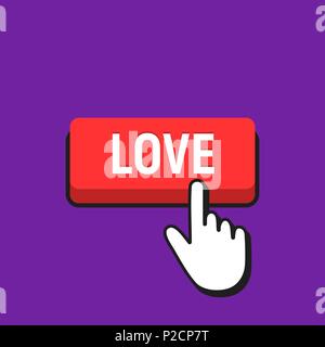 Hand Mouse Cursor Clicks the Love Button. Pointer Push Press Button Concept. Stock Vector