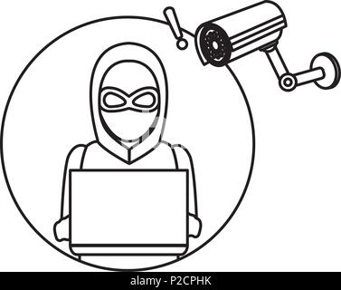 line hacker with laptop data and video camera Stock Vector