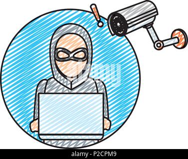 doodle hacker with laptop data and video camera Stock Vector