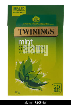 Box of Twinings mint green tea on white background Stock Photo