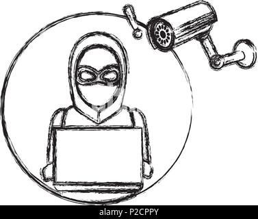 grunge hacker with laptop data and video camera Stock Vector