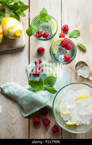 Refreshing iced summer drinks garnished with fresh fruit and mint Stock Photo