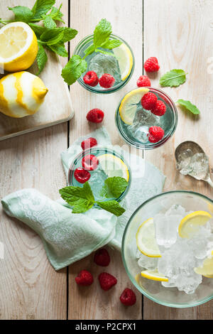 Refreshing iced summer drinks garnished with fresh fruit and mint Stock Photo