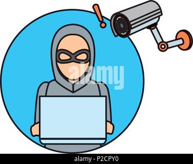 color hacker with laptop data and video camera Stock Vector