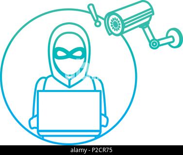 degraded line hacker with laptop data and video camera Stock Vector