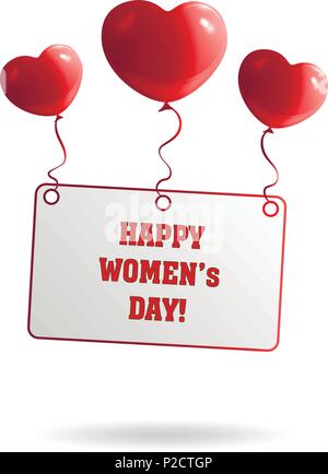 three heart balloons raise a postcard with the inscription of a happy women's day isolated Stock Vector