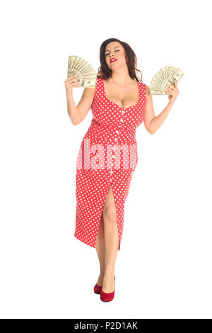 satisfied beautiful plus size woman with lot of cash isolated on white Stock Photo