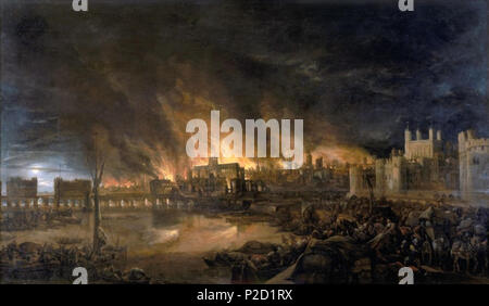 . 'This painting shows the great fire of London as seen from a boat in vicinity of Tower Wharf. The painting depicts Old London Bridge, various houses, a drawbridge and wooden parapet, the churches of St Dunstan-in-the-West and St Bride's, All Hallow's the Great, Old St Paul's, St Magnus the Martyr, St Lawrence Pountney, St Mary-le-Bow, St Dunstan-in-the East and Tower of London. The painting is in the [style] of the Dutch School and is not dated or signed.' . 1700 23 Great Fire London Stock Photo