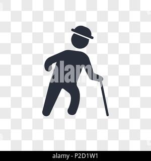 Old man with hat walking with cane vector icon isolated on transparent background, Old man with hat walking with cane logo concept Stock Vector