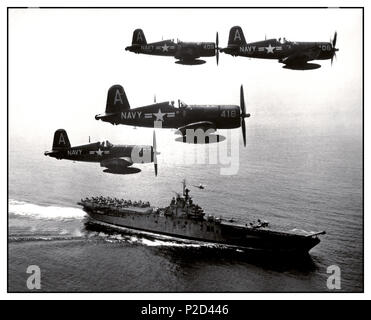 1951 War North Korea F4U's (Corsairs) returning from a combat mission over North Korea circle the USS Boxer as they wait for planes in the next strike to be launched from her flight deck - a helicopter hovers above the ship.  September 4, 1951. Stock Photo