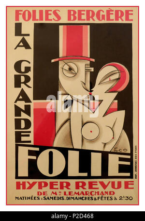 Vintage 'Folies Bergère' poster designed by sculptor Maurice Picaud known as Pico  for the spectacle show 'La Grande Folie' held at the famous cabaret 'Les Folies Bergère' in the late 1920's. Poster printed by Jombart Fils-Paris. Maurice Picaud is an artist of decorative arts following his design for the Art Deco façade of the cabaret les Folies Bergère in the late 1920s in Paris France Published by Jombart Fils Paris Stock Photo