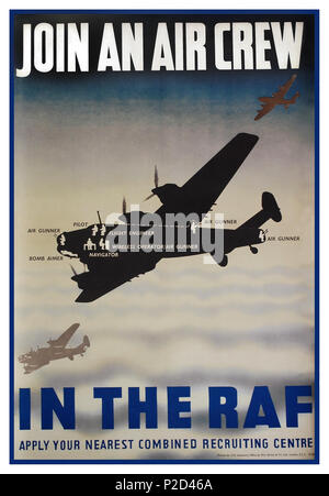 1940's Vintage WW2 Recruitment Poster for The RAF asking for air crew to join in the war effort against Nazi Germany Aircraft featured in schematic silhouette is the renowned Avro Lancaster a British four-engined Second World War heavy bomber designed and manufactured by Avro, known as The Lancaster Bomber Stock Photo
