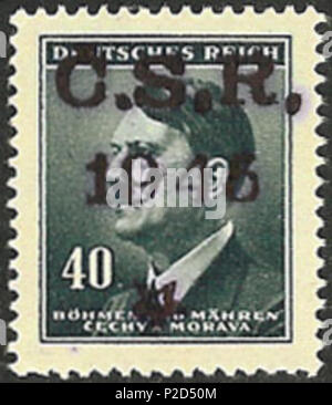 . English: Postage stamp of Third Reich Protectorate of Bohemia and Moravia, Adolf Hitler, overprinted in Bojkovice, 1945 ???????: ???????? ????? ???????????? ???????? ????? ??????? ? ???????, ????????????? ? ????????? ? 1945 ????. 1945; uploaded 2009-08-14. uploaded by Nickpo 10 BuM1945Bojkoviceovpt Stock Photo