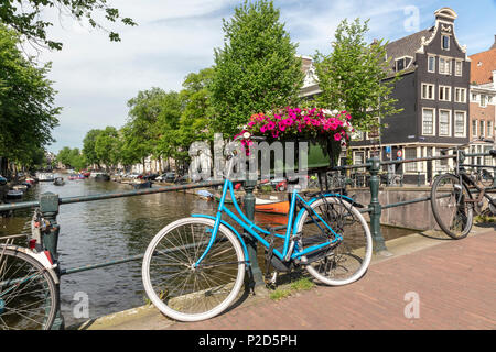 Flower Box and bicycle on bridge over Herengracht near Blauwburgwal Stock Photo