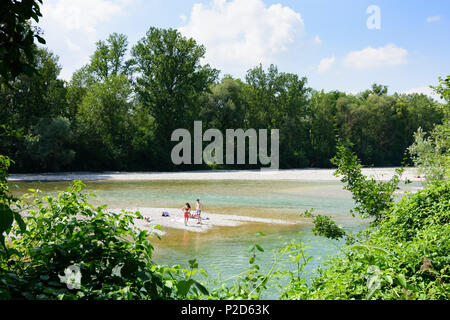 Augsburg: river Lech, bathers at sand bank in Germany, Bayern, Bavaria, Schwaben, Swabia Stock Photo