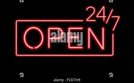 Red sign Open 24/7 hours neon lights for night club or bar. Stock Vector