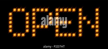 Red vector caption OPEN neon lights, bulbs on a black background. Stock Vector