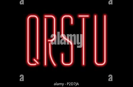 Bright red neon letters on a black background. Letters Q, R, S, T, U for night club or night show design. Stock Vector