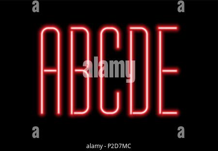 Bright red neon letters on a black background. Letters A, B, C, D, E for night club or night show design. Stock Vector