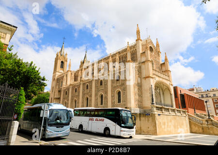 Tour buses parked outside San Jeronimo el Real church, Calle Moreto, Madrid, Spain Stock Photo