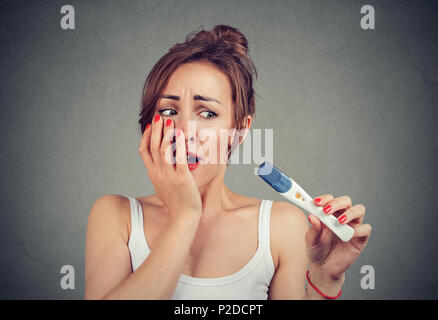 Young woman touching face in panic and looking at pregnancy test afraid with unexpected baby Stock Photo