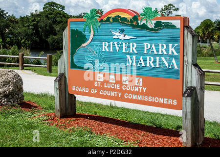 Florida Port Saint St. Lucie,River Park Marina,county park,sign,entrance,FL170730079 Stock Photo