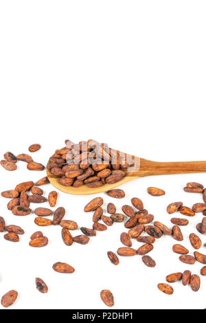 Cocoa beans in wooden spoon and on white background. Stock Photo