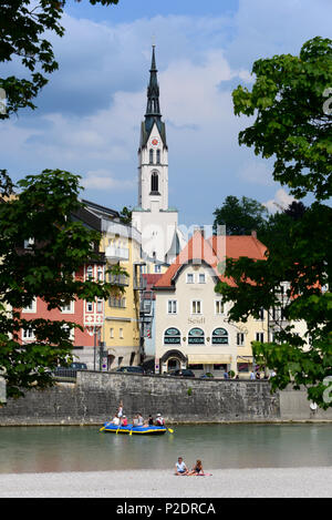 Bad Toelz with Isar river with town church, Upper Bavaria, Bavaria, Germany Stock Photo