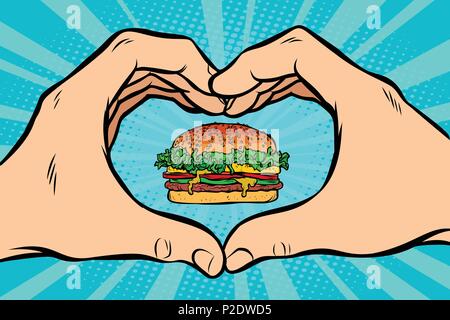 Burger, hand gesture heart. Comic cartoon pop art retro vector illustration kitsch vintage drawing Stock Vector