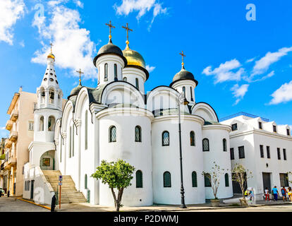 Russian ortodox white church with bell tower on the street of old Havana, Cuba Stock Photo