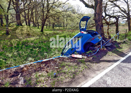 Car accident with the car in a ditch off the A82 between Inverarnan and Ardlui Stock Photo