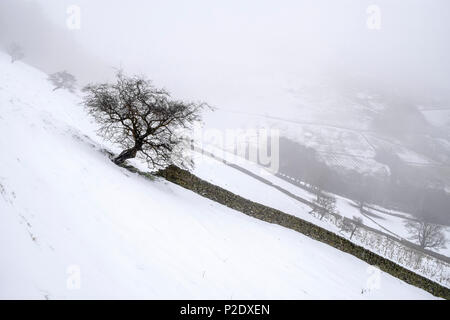 Winter landscape. Snow falling on hills in the Peak District countryside. Snowy scene at Broadlee Bank Tor, Vale of Edale, Derbyshire, England, UK Stock Photo