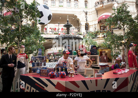 Moscow, RUSSIA - June 11, 2018: Gum department store, the oldest shopping mall decorated by soccer balls for the World Cup Stock Photo